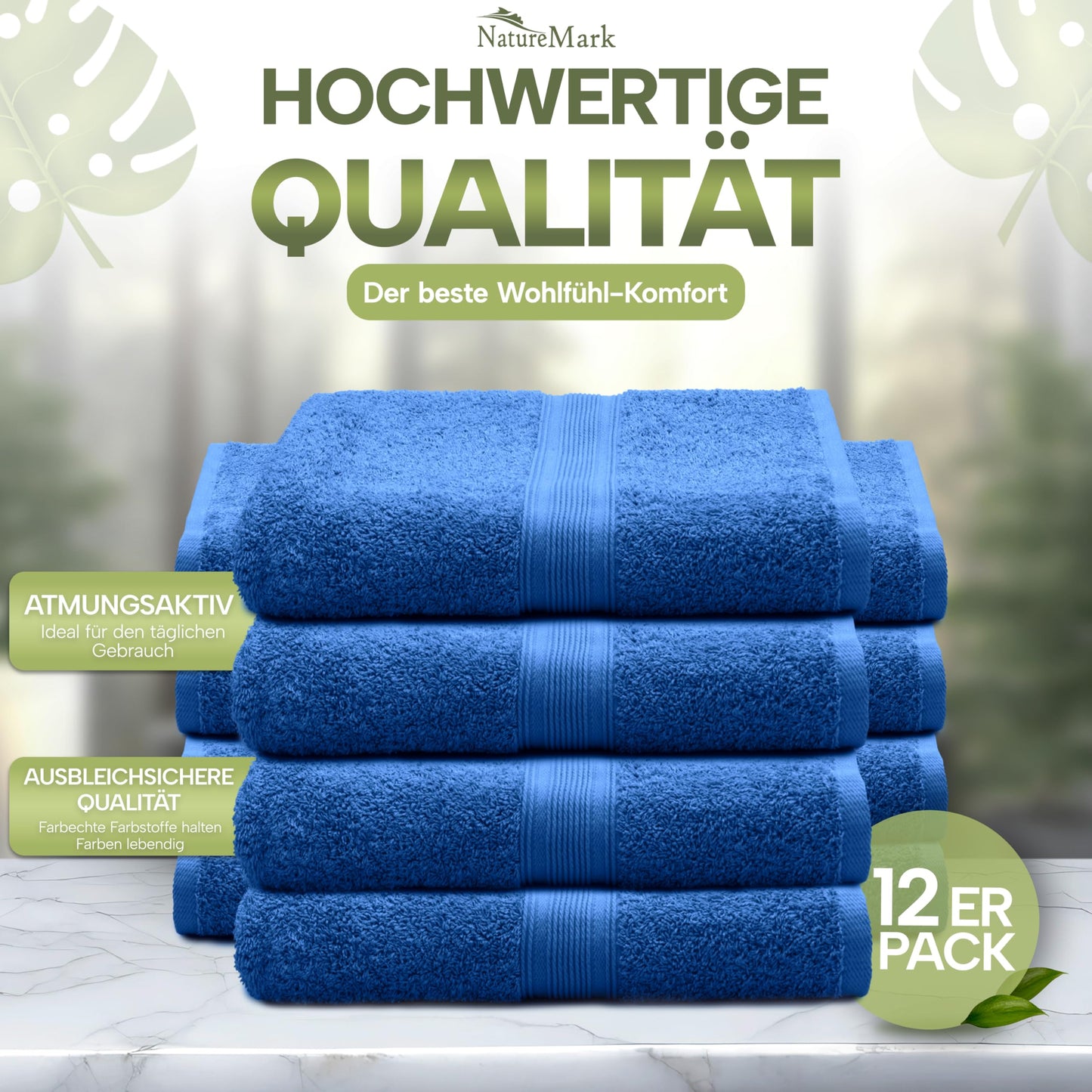 NatureMark Pack of 12 Guest Towels, 30 x 50 cm, 100% Cotton, Royal Blue