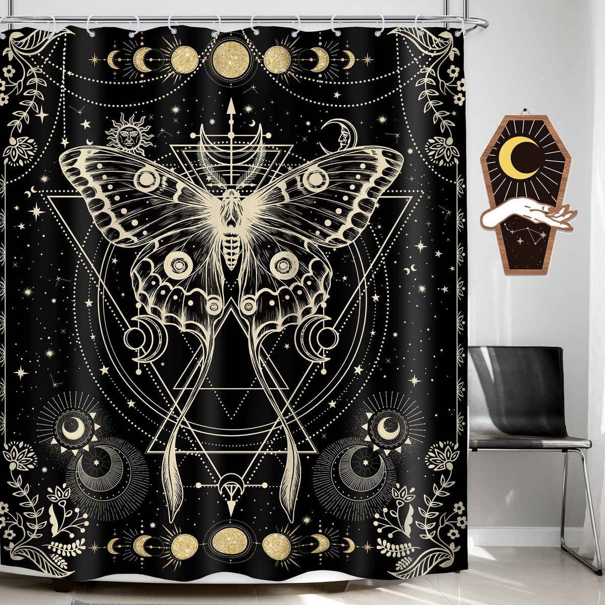 LGhtyro Gold Moth Shower Curtain 60Wx71H Inch Moon Phase Shower Curtain Bathroom Set Gothic Black Butterfly Moonlit Bath Curtain Witchy Tarot