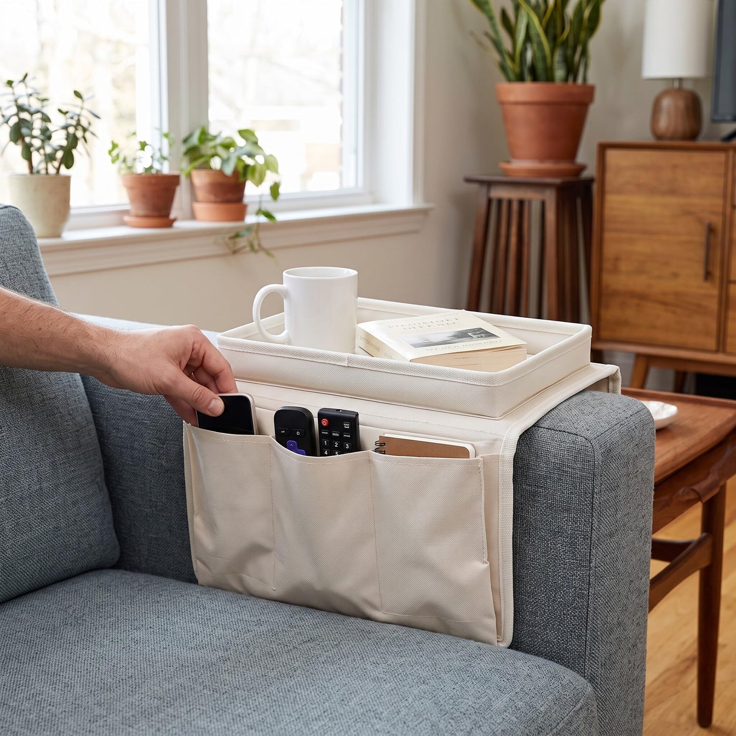 Ejoyous Sofa Armrest Organizer, 4 Pockets Couch Bag for TV Remote Control, Oxford Cloth Armchair Storage with Cup Holder Tray (Beige)