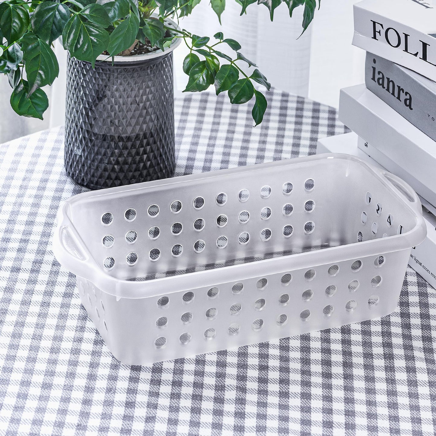 Cetomo Plastic Storage Baskets with Handle, Storage Boxes, Shelf Basket Organizer with Hole, Open Top Storage Bin for Shelves Home Kitchen Office