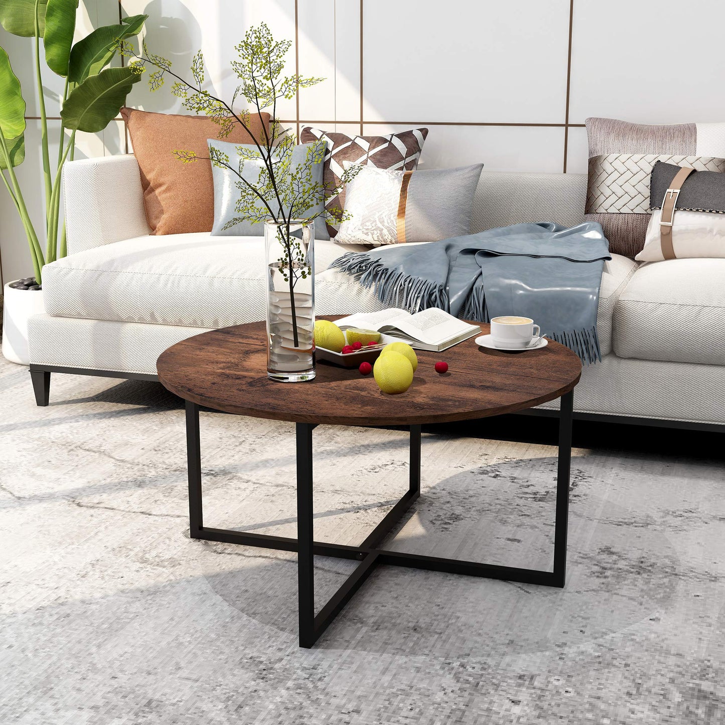 HOMERECOMMEND Round Coffee Table Tea Table Dining Table Modern Office Desk End Table Sofa Table for Living Room Rustic Brown/Black