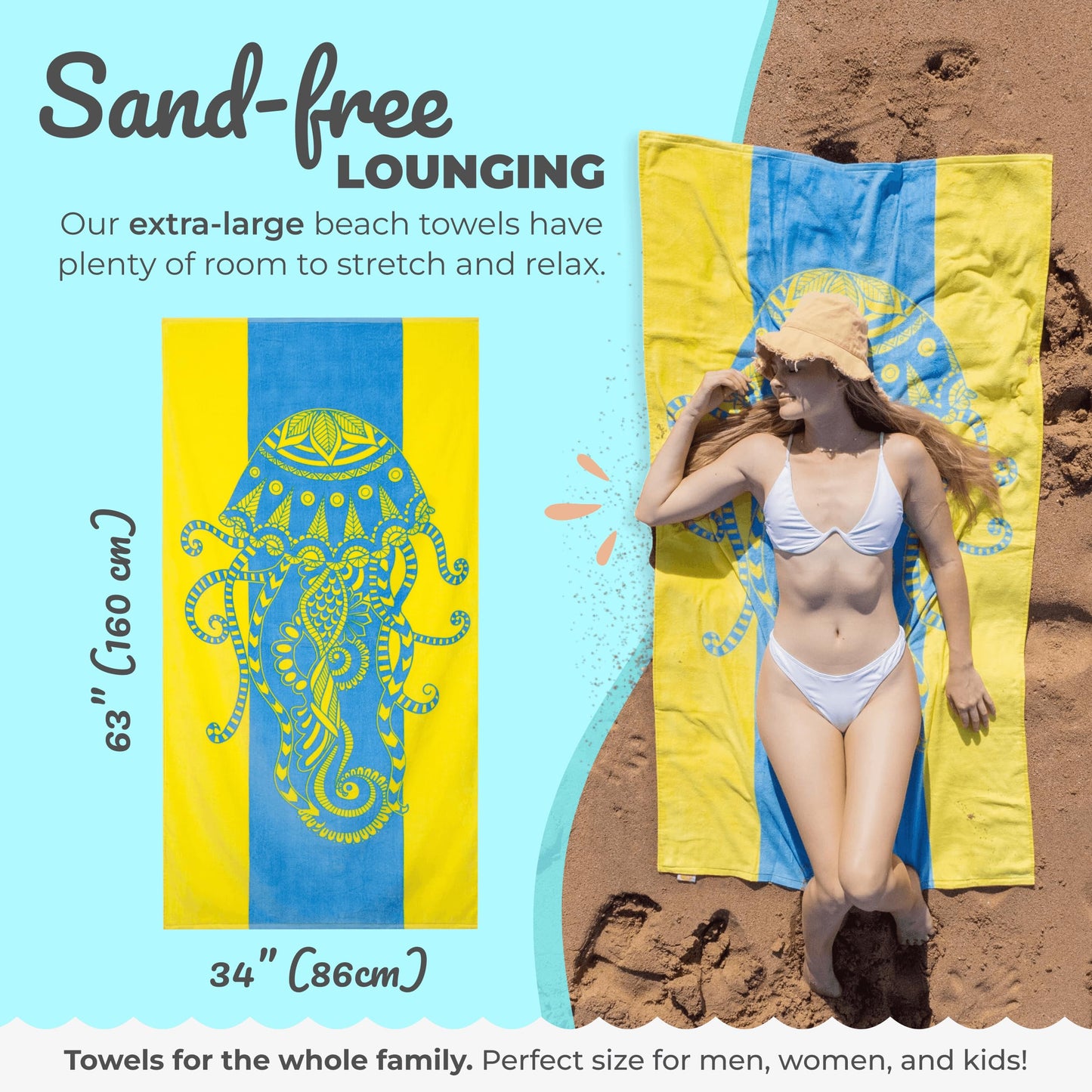 Nova Blue Jellyfish Beach Towel – Tropical Blue & Yellow Colors with A Unique Design, Extra Large, XL (34”x 63”) Made from 100% Cotton