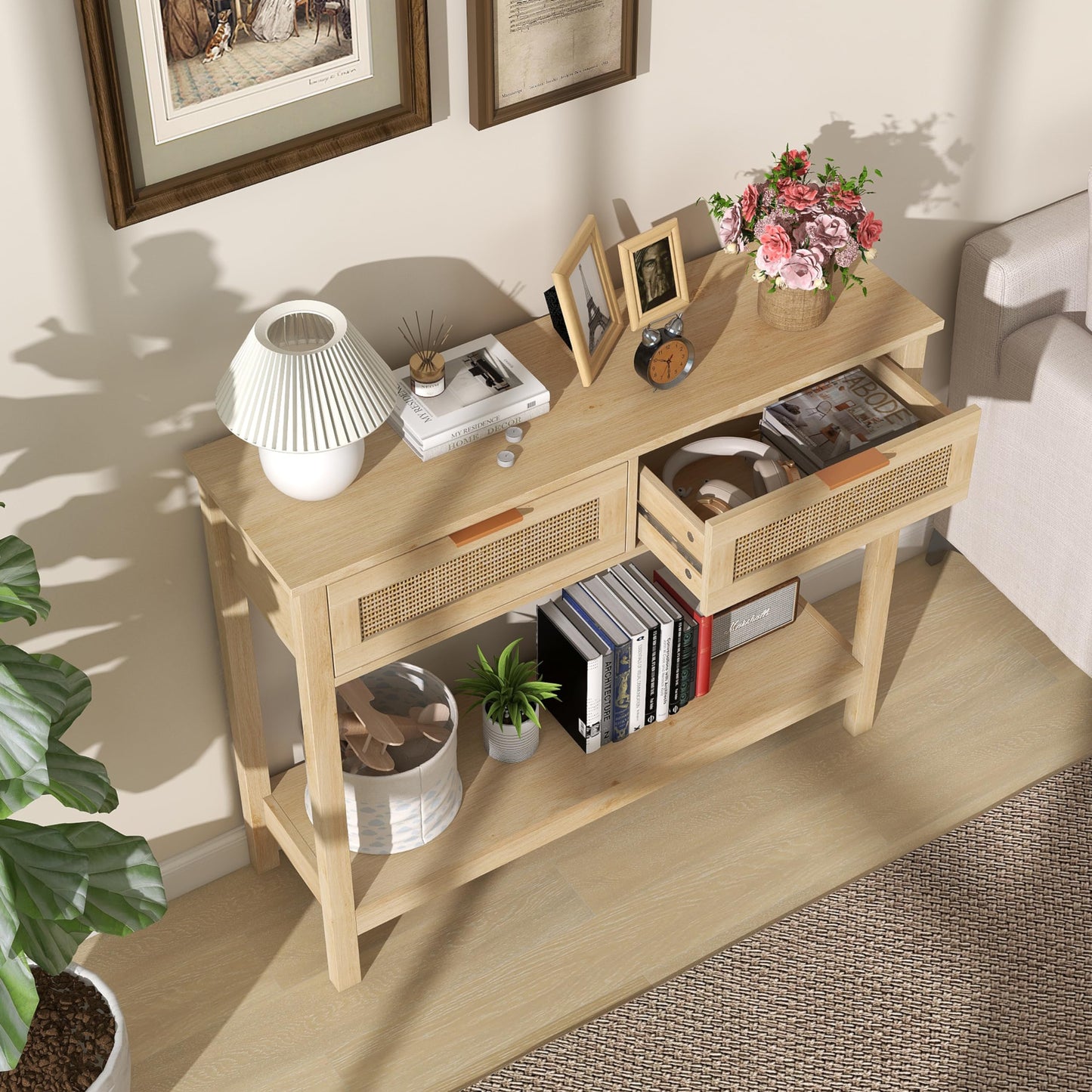 Trironsun Boho Rattan Console Table with 2 Drawers 2 Tier Entryway Table Farmhouse Wood Sofa Tables with Open Storage Shelf for Living Room Hallway