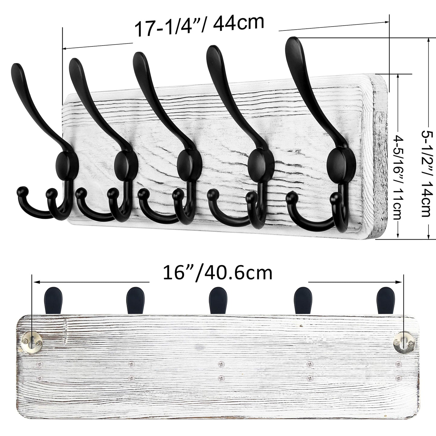 SKOLOO Coat Rack Wall Mounted - Pack of 2, Wooden, Heavy Duty, Rustic Coat Hooks for Wall, Wall Coat Rack with 5 Triple Hooks for Hanging Clothes