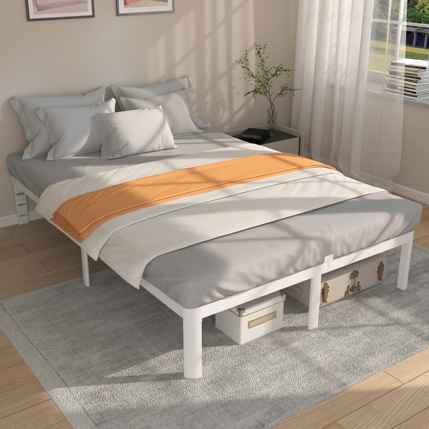 KVLKBV Double Bed Frame 135 x 190 cm, White Bed Frame with Metal Anti-slip Gasket and Large Storage Space Under Bed - Suitable for Bedroom