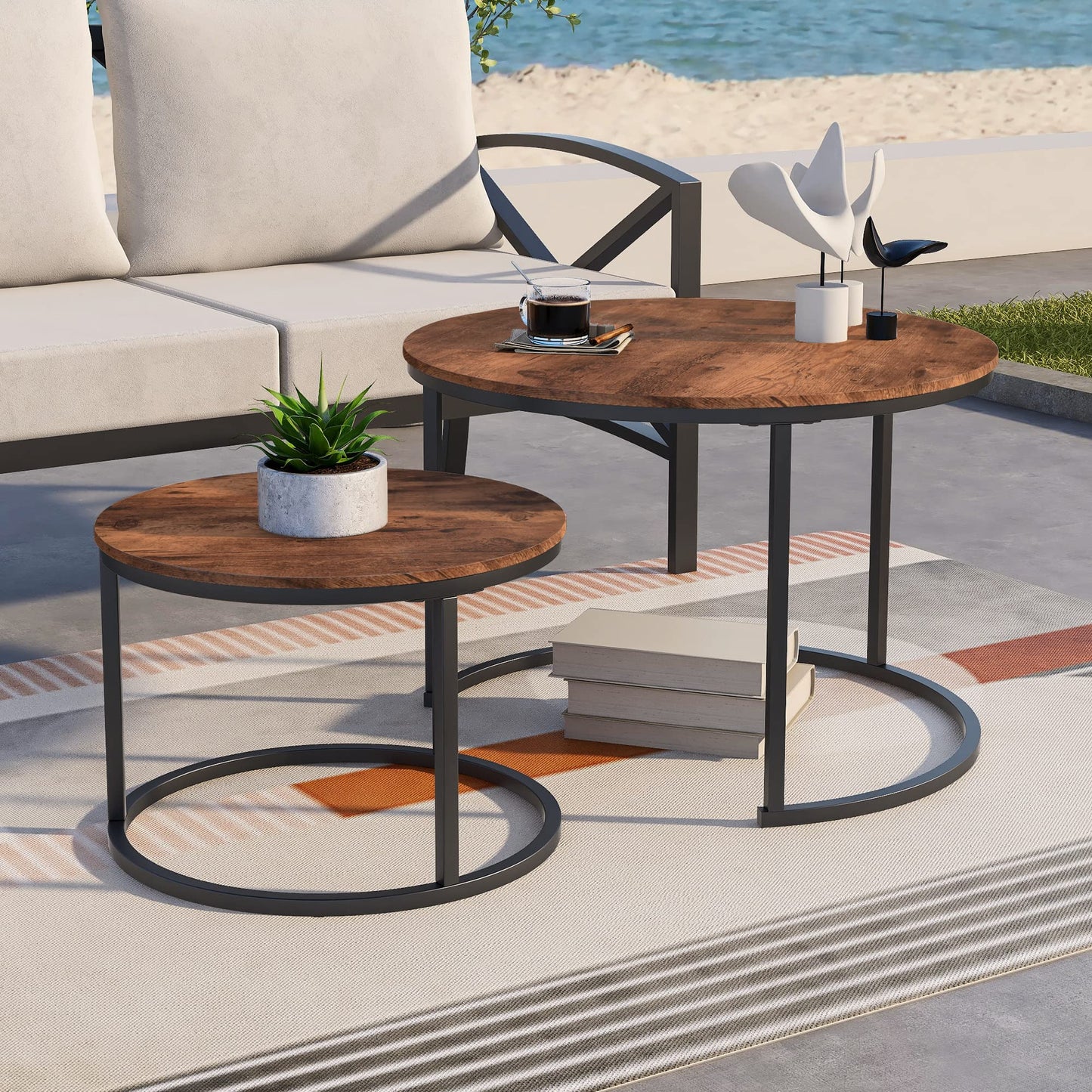 BORPHOM Round Coffee Table Set of 2 Stacking Side Tables with Metal Legs,Small Coffee Table for Living Room/Bedroom/Small Space,Nesting Tables,Easy