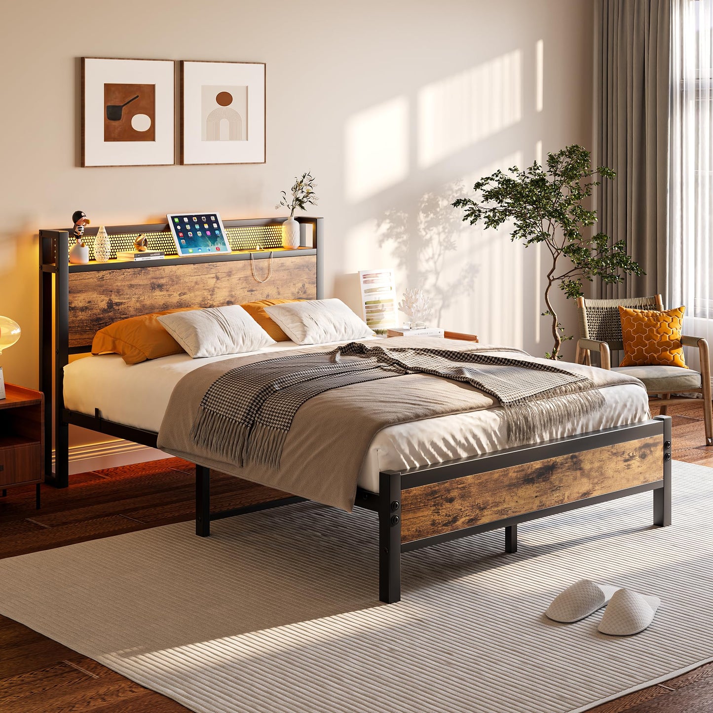 Diahomy 4ft6 Double Bed Frame with LED Lights&Charging Station,Brown