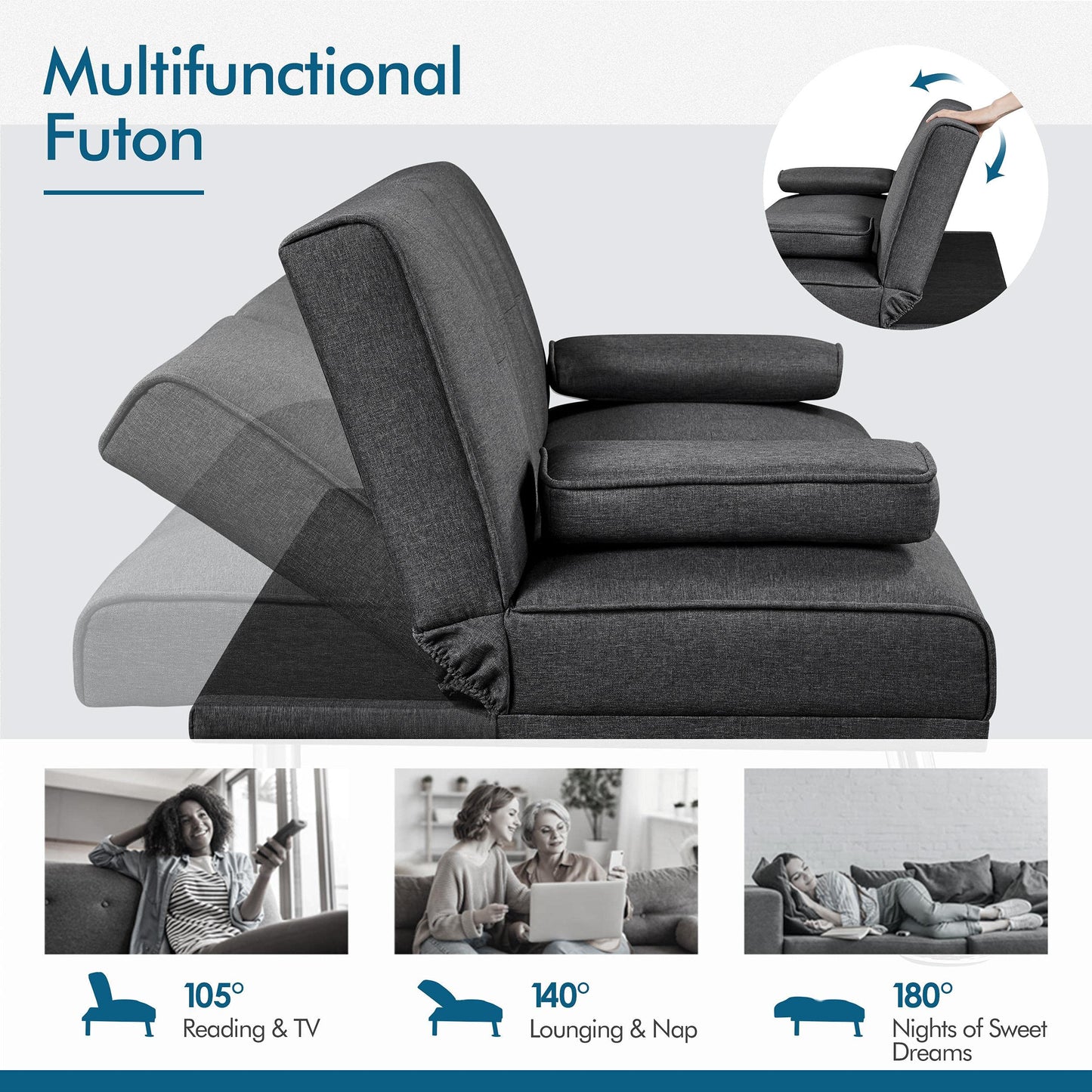 Yaheetech Dark Grey 3-in-1 Convertible Upholstered Cup Holder Sofa Bed