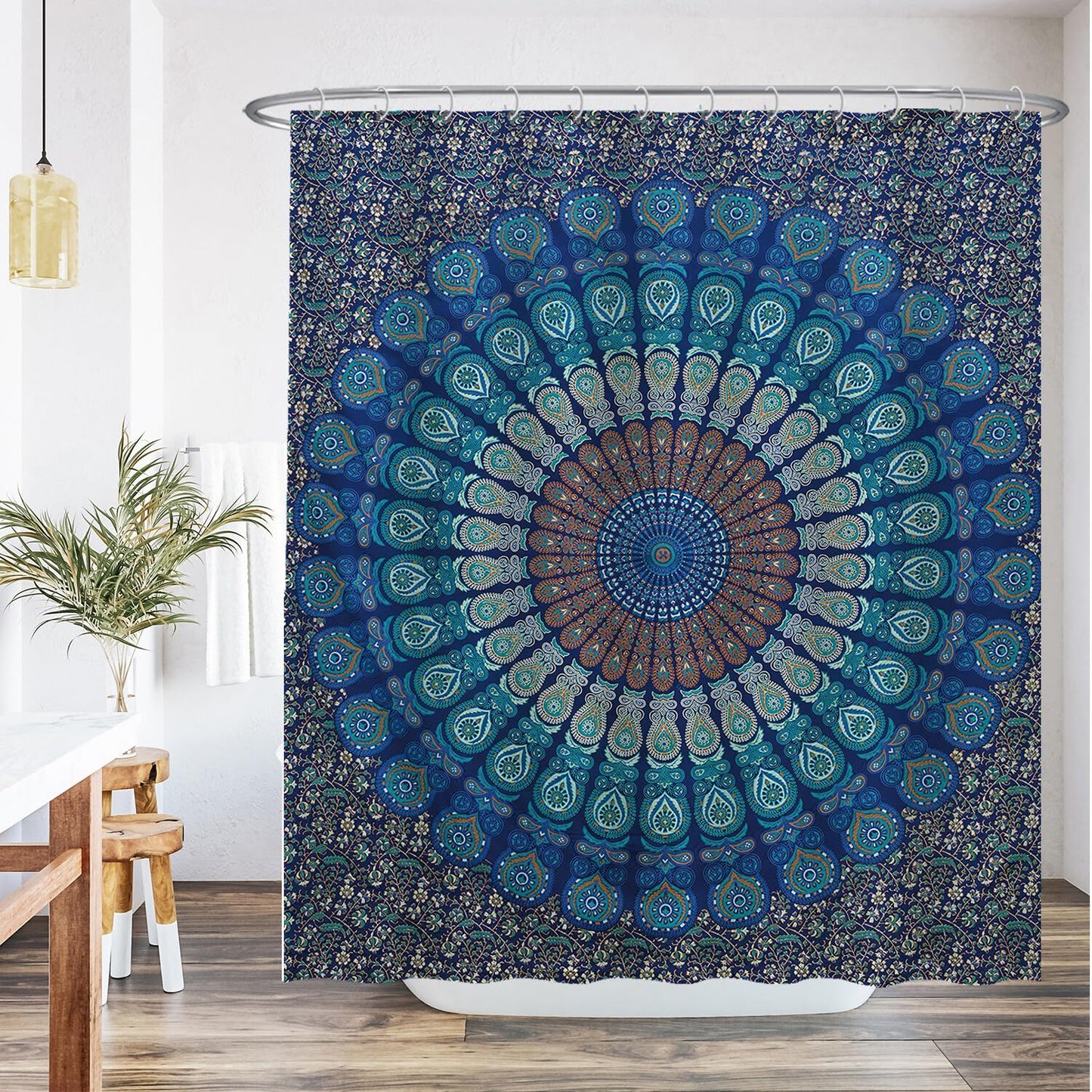 Ulticool Mandala Shower Curtain, 180 x 200 cm, Washable, Anti-Mildew Waterproof, with 12 Rings, Blue