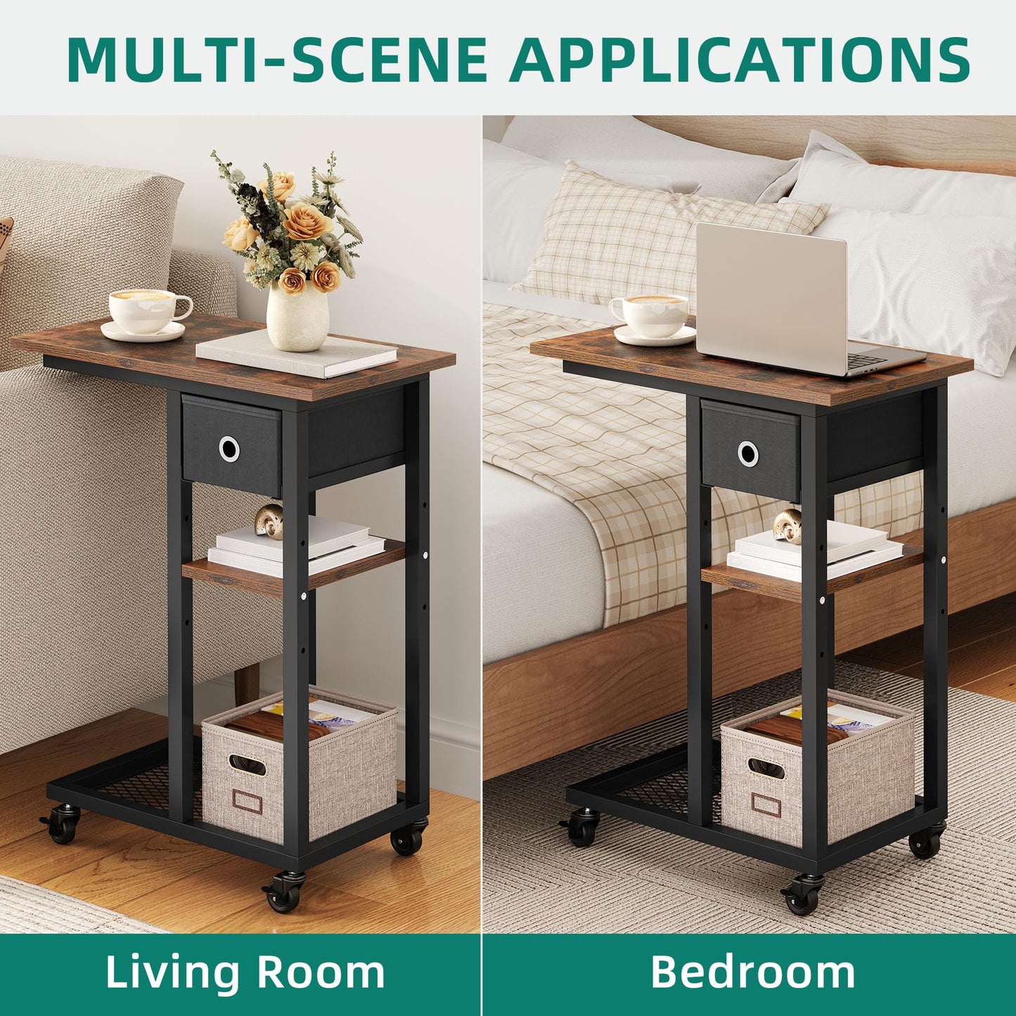YITAHOME Bedside Table, C-Shaped Side Table with Fabric Drawer and Wheels