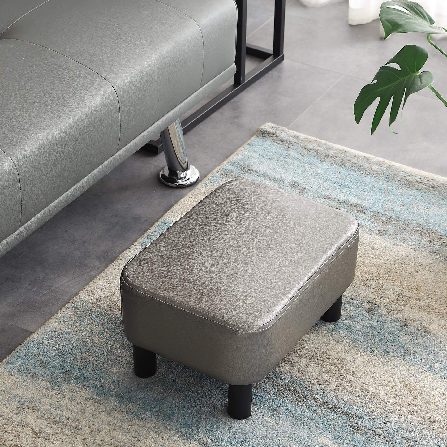 IBUYKE 16.54" Small Footstool PU Leather Ottoman Footrest Modern Home Living Room Bedroom Rectangular Stool, Gray RF-BD211-C