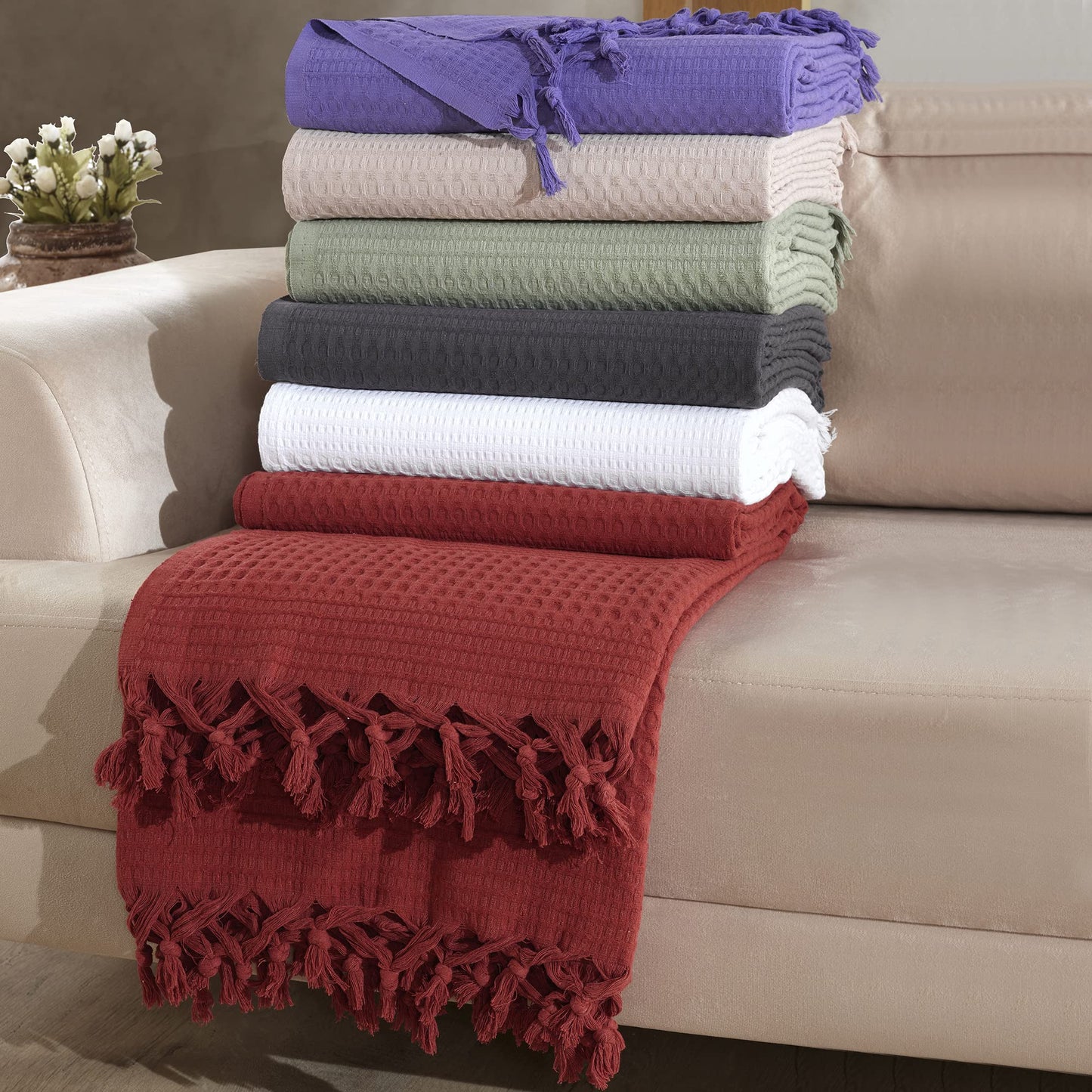 Milam London Burgundy Throw Blanket | Cotton Waffle Bedspreads King Size | Sofa Throws Large 3 Seater | Bed Throw King Size | Burgundy Blanket For Bed