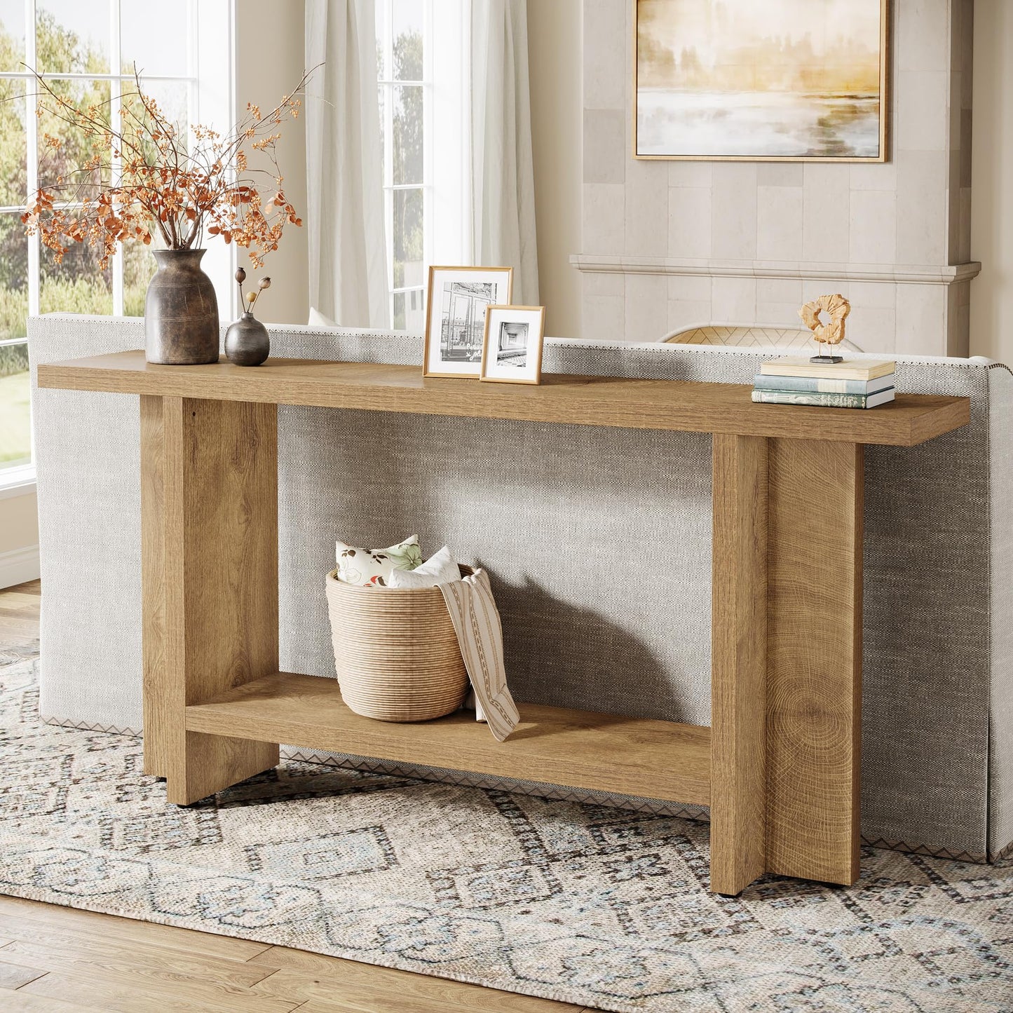 Tribesigns 150 cm Console Table, Light Wooden Hallway Table with 2-Tiers, Behind Couch Sofa Table for Entryway & Living Room