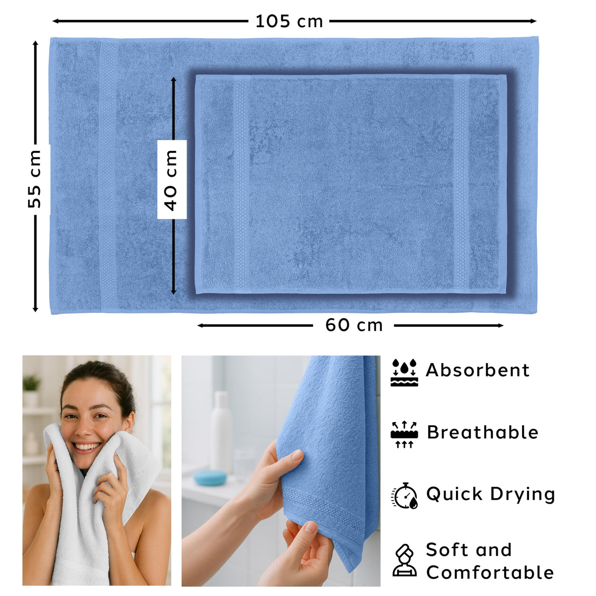 Caleffi Cotton Bidet and Face Towel Set, Wash-Resistant Towels, Includes 1 Face Towel 55 x 100 cm and 1 Guest Bidet Towel 40 x 60 cm