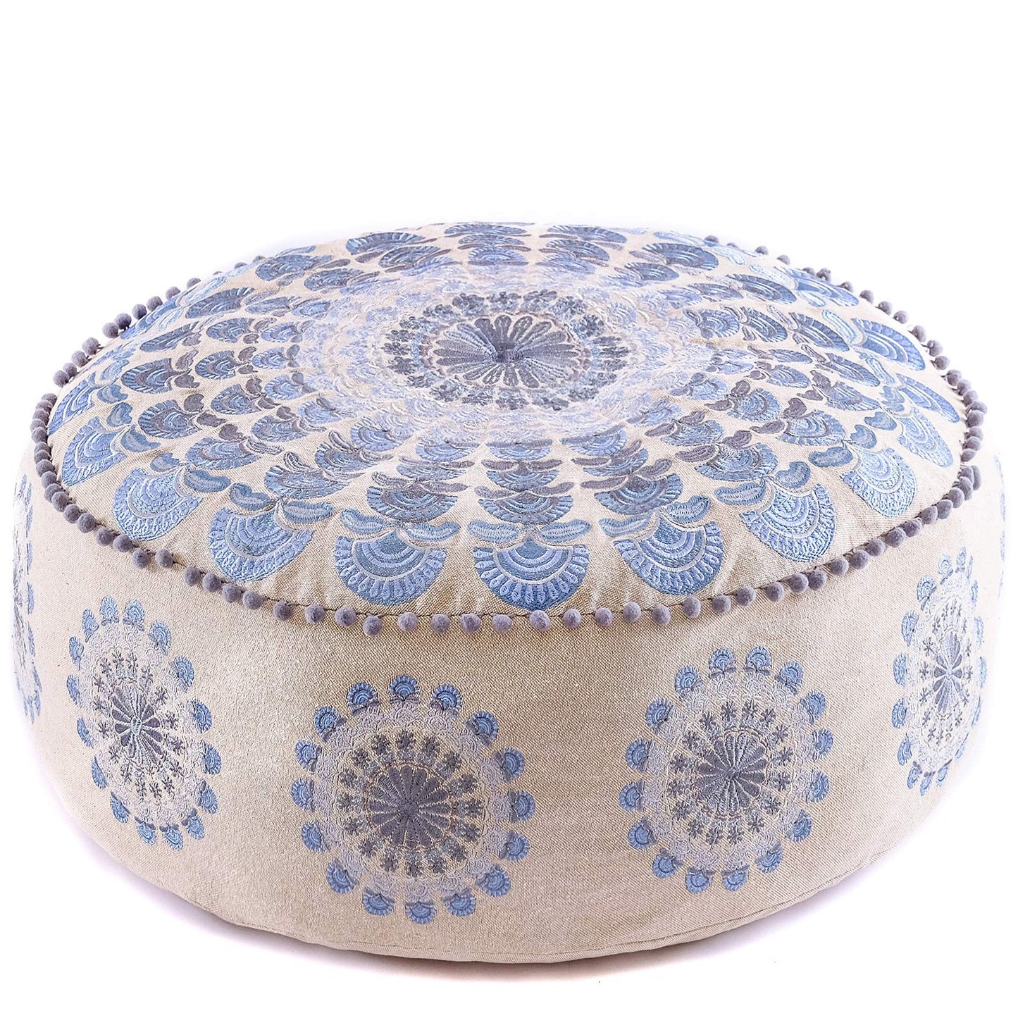Mandala Life ART Green Round Velvet Pouf Cover - Soft Embroidered Ottoman Slipcover with Moroccan Design, 24 Inch Diameter, Ideal for Living Room