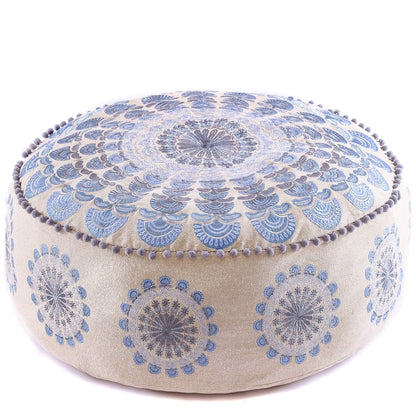 Mandala Life ART Green Round Velvet Pouf Cover - Soft Embroidered Ottoman Slipcover with Moroccan Design, 24 Inch Diameter, Ideal for Living Room