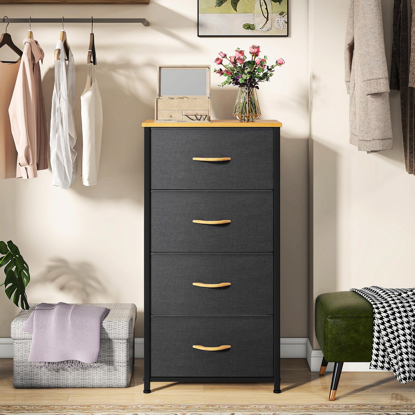 DWVO Chest of Drawers, 4 Fabric Drawers Bedroom Cabinet,Dresser for Bedroom,Living Room With Handles,Wood Top and Sturdy Steel Frame, Dark Grey