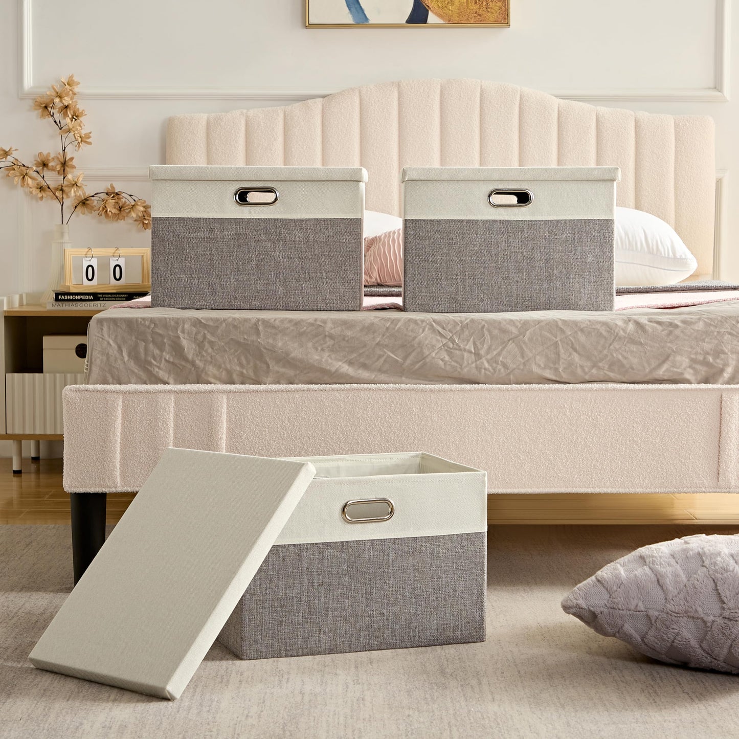 AlphaHome Storage Boxes with Lids, Glaucous Grey and White(3 Pack, XLarge)