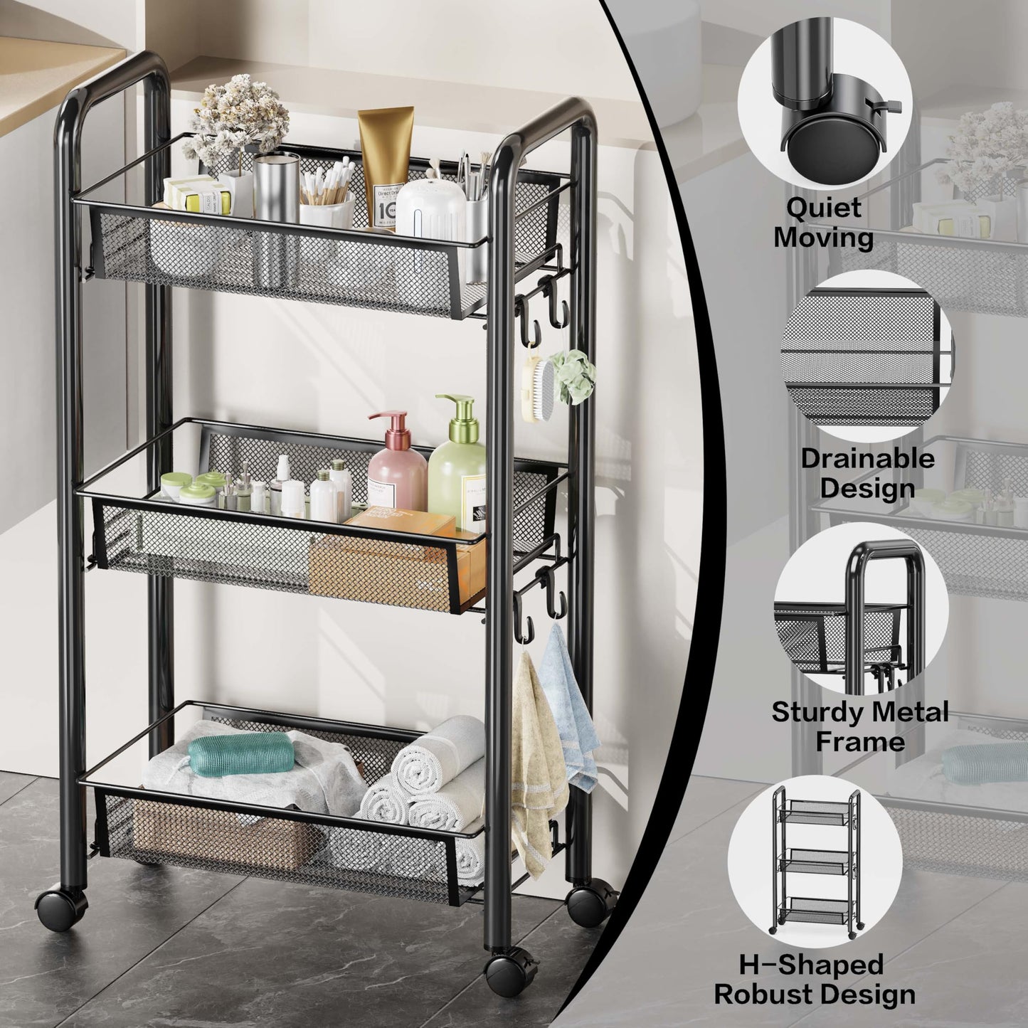 Goeasyoii 3/4/5 Tier Rolling Cart, Metal Storage Cart,Space-Saving Kitchen Cart with Castors,Shelving Organizer for Kitchen, Bathroom, Laundry Room