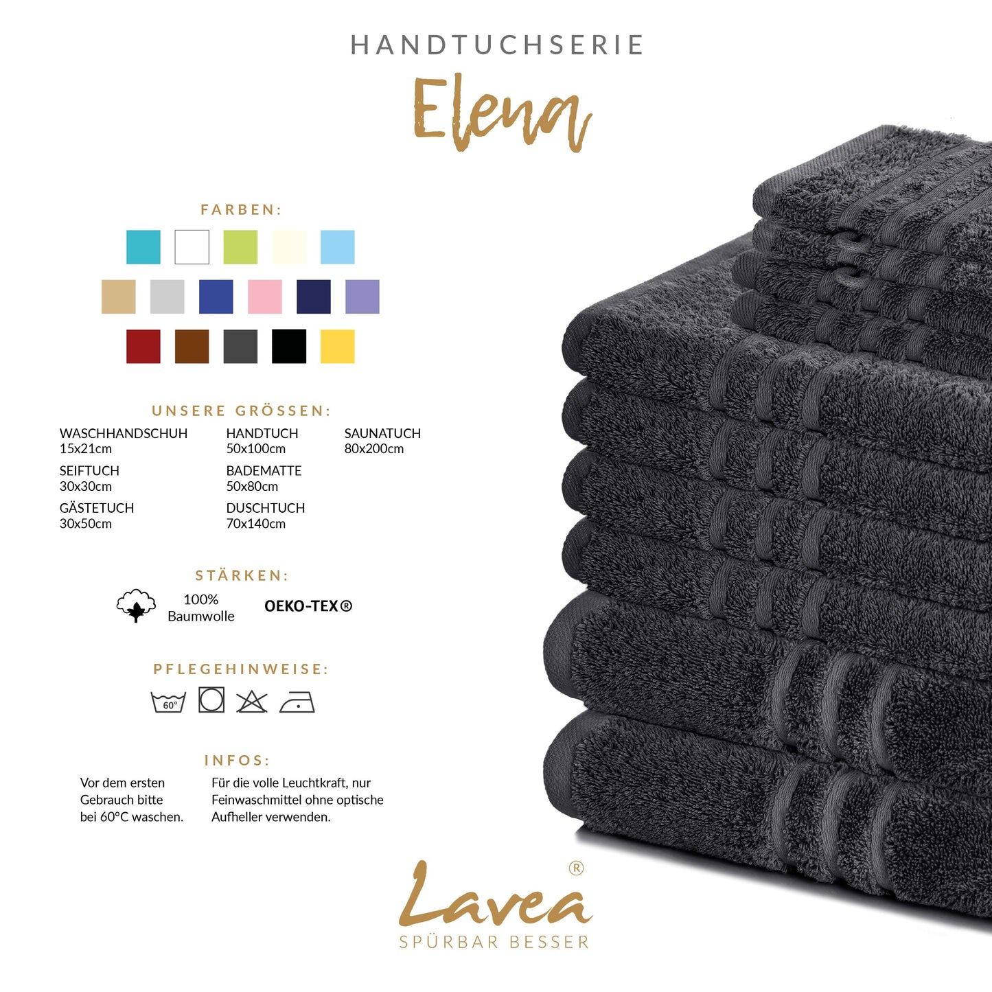 Lavea® Set of 4 hand towels, 50 x 100 cm, Elena Frottiererie, 100% cotton, terry bath towel, absorbent and soft, sports towel, washable at 60°C