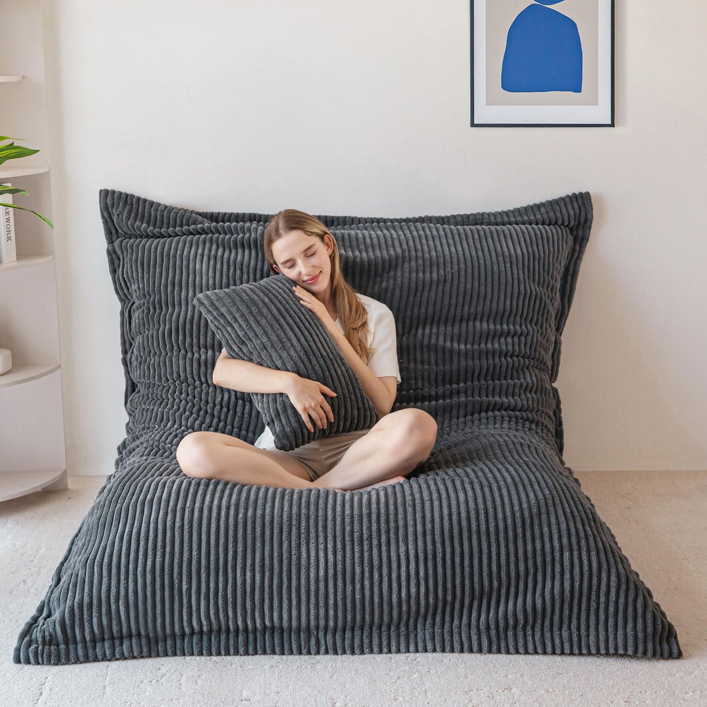 MAXYOYO Giant Bean Bag with Pillow, Soft Corduroy Removable Cover, Large Floor Cushion with Fluffy Foam Filling, BeanBag Chair for Adults & Kids