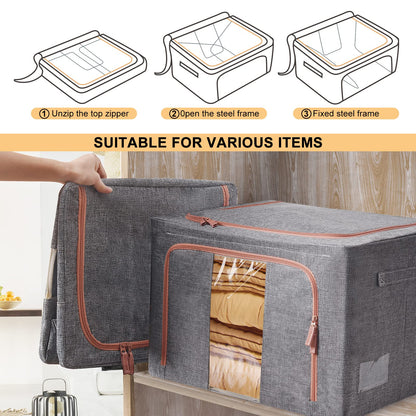 Steel Frame Storage Box, 66L Clothes Storage Bag with Double Opening Zipper,Thick Cotton Linen Protect from Moisture Dust,Perfect for Clothing Toys
