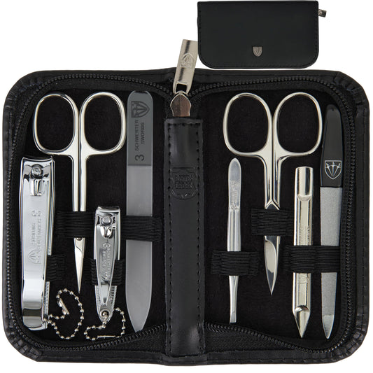 3 Swords Germany - brand quality 8 piece manicure pedicure grooming kit set for daily nailcare genuine leather case black in gift box - Made by 3