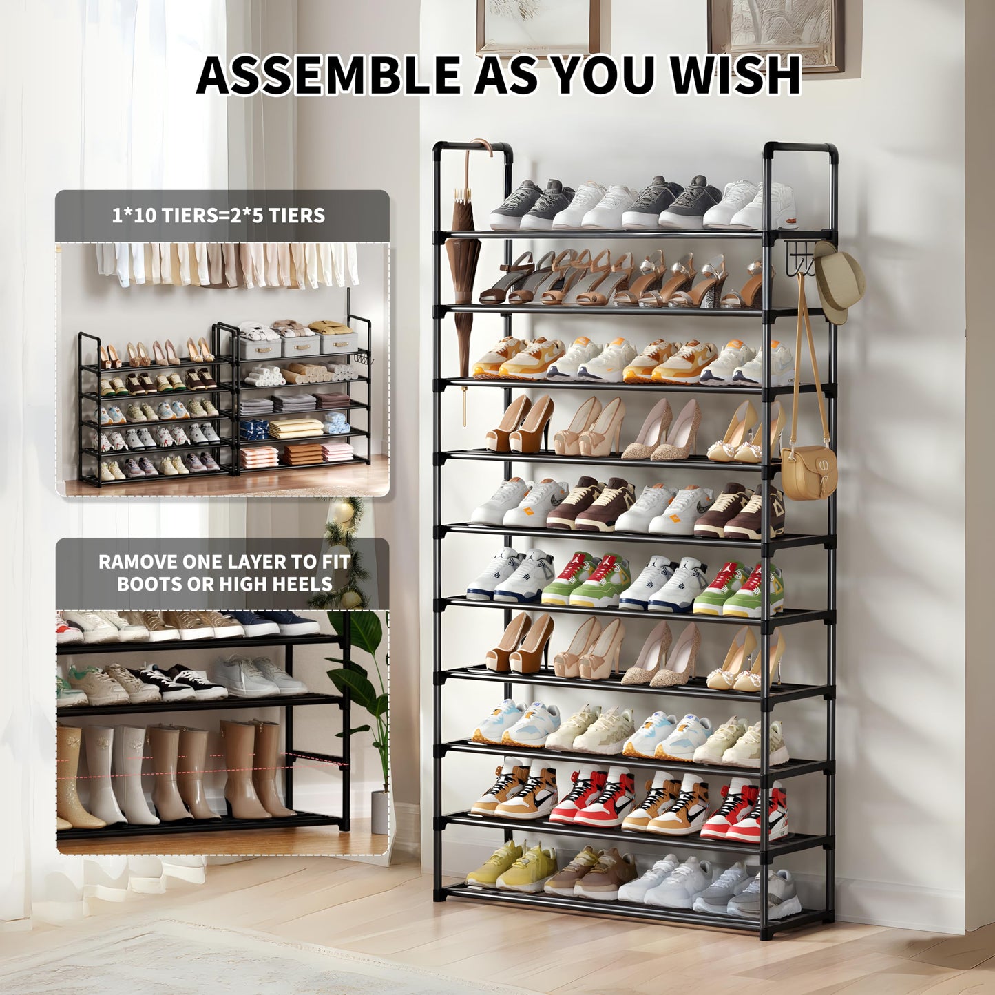 SPUSEN Metal Shoe Rack, 10 Tier Shoe Storage Organizer with Hooks,Fit 40-45Pairs Shoes,Metal Tall Shoe Shelf for