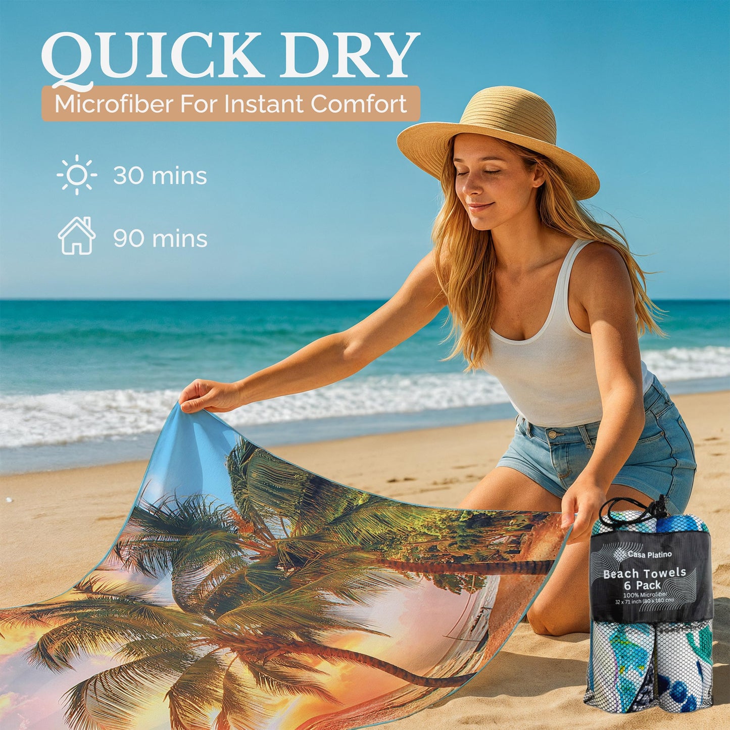 Casa Platino 6-Pack Microfiber Beach Towels – Extra Large 71"x32", Quick-Dry, Sand-Free & Lightweight – Soft, Double-Sided Swim