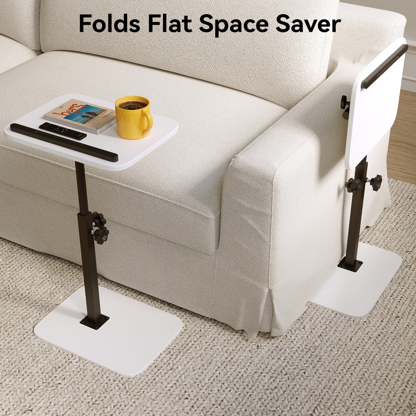 Xyphren C Shaped Side Table, 40x30cm Height Adjustable End Table for Small Spaces, 360° Swivel with Anti-Slip Bar