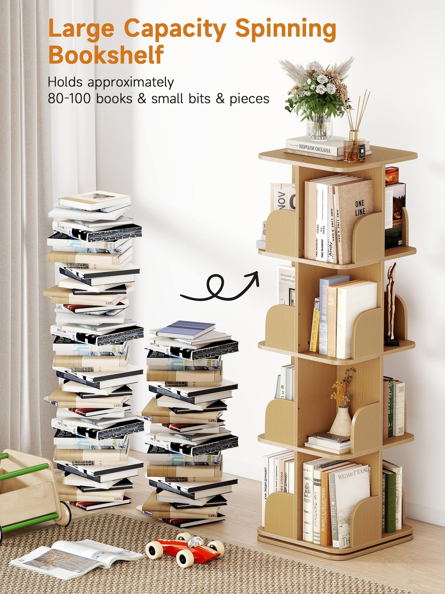 yeshine 4 Tier Rotating Bookshelf Wood Square Revolving Bookcase