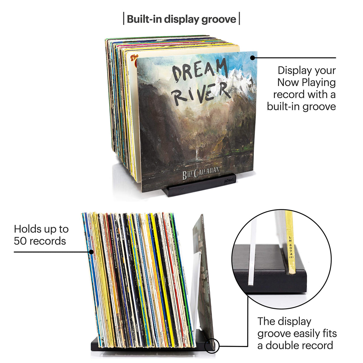 MÖNKE Premium Vinyl Record Storage - a Mid-Century Style Record Holder, 50 LP Capacity - with a Now-Playing Record Display Groove Black