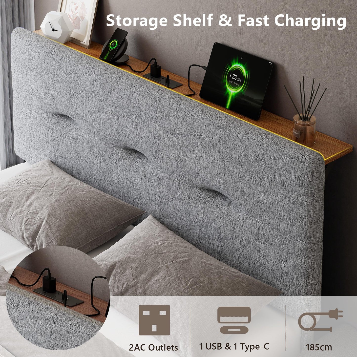 Feonase 4ft Double Bed Frame with Storage Linen Headboard, Upholstered Bedframe double bed with Charging Station, Sturdy Wooden Slat Support
