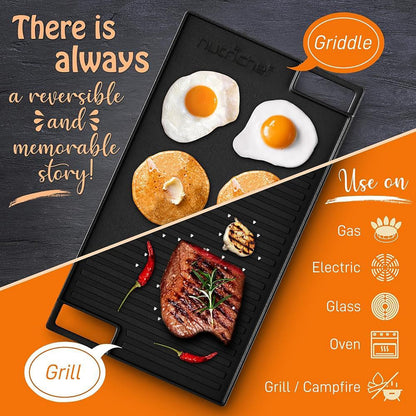 Nutrichef Reversible Cast Iron Grill Plate  45.7cm x 25.4cm, Flat & Ridged Griddle Pan for Hob, Oven & BBQ, Induction & Gas Safe, Stain-Resistant &