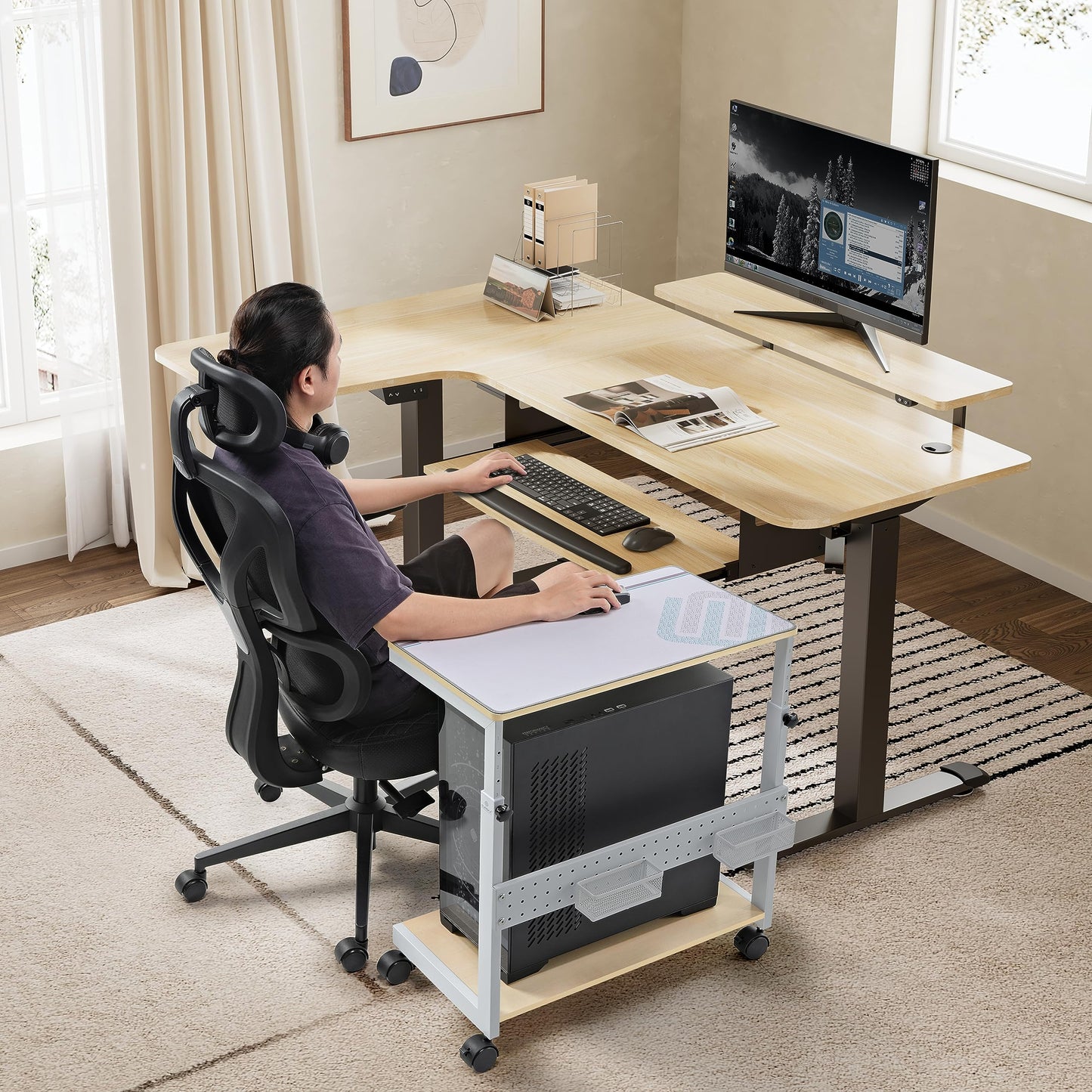 EUREKA ERGONOMIC PC Stand Adjustable Computer Tower with Large Mouse Mat, PC Tower Stand for Pinter, pc Trolley on Lockable Castor Wheels Sturdy
