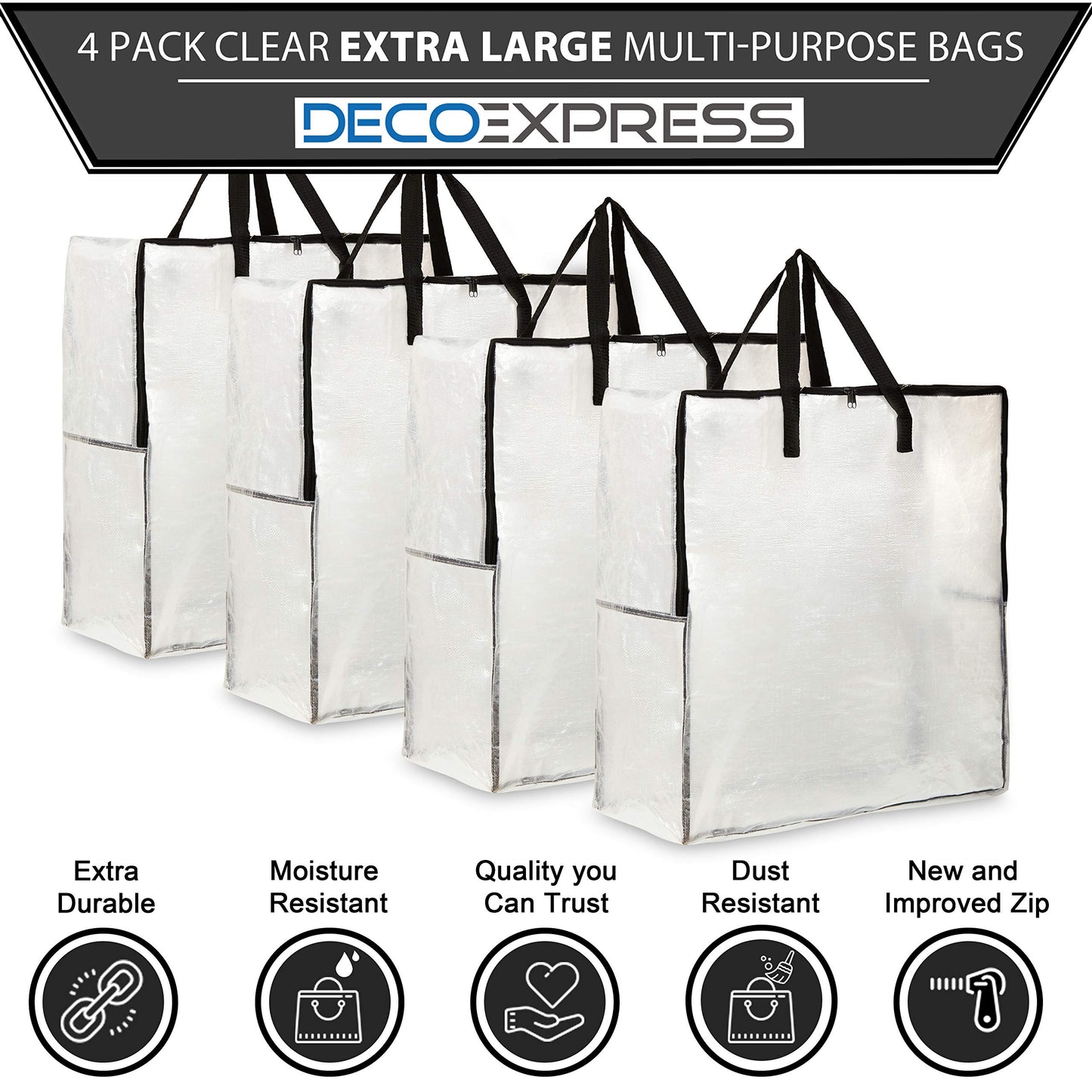 DECO EXPRESS Laundry Bags XL, Pack of 4 Heavy Duty Jumbo Garage, Attic or Underbed Storage Solutions for Clothes, Bedding, Duvet