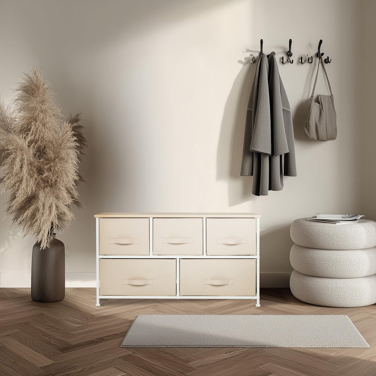 hjh LIVING Chest of drawers with 5 fabric drawers FOLDAR 100x30x55 cm Chest of drawers organizer, height-adjustable foot glides, metal frame, beige