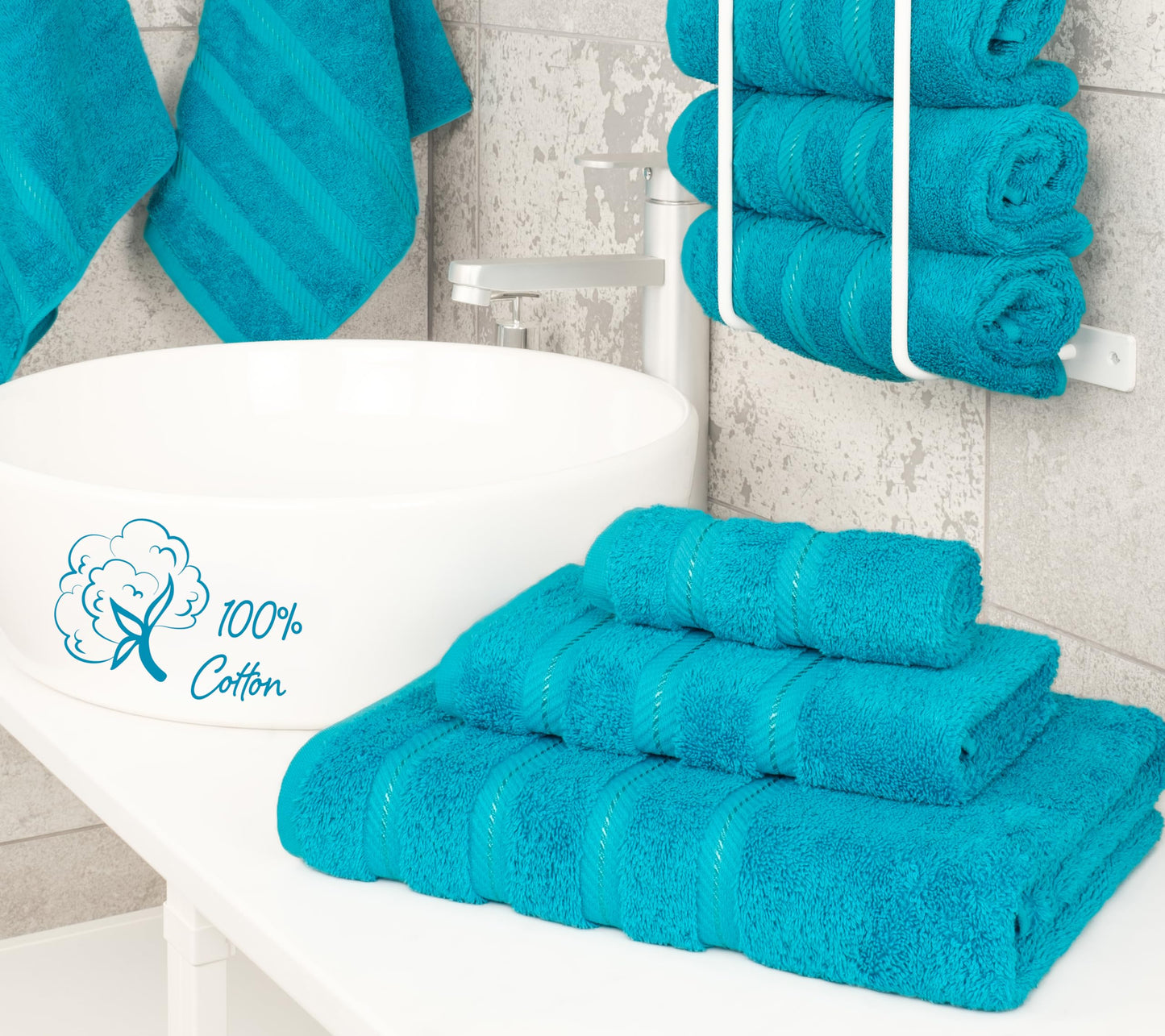 American Soft Linen Premium 3 Piece Towel Set, 1 Bath Towel, 1 Hand Towel, 1 Wipe, 100% Cotton Turkish Towels, Aqua Blue Towel Set