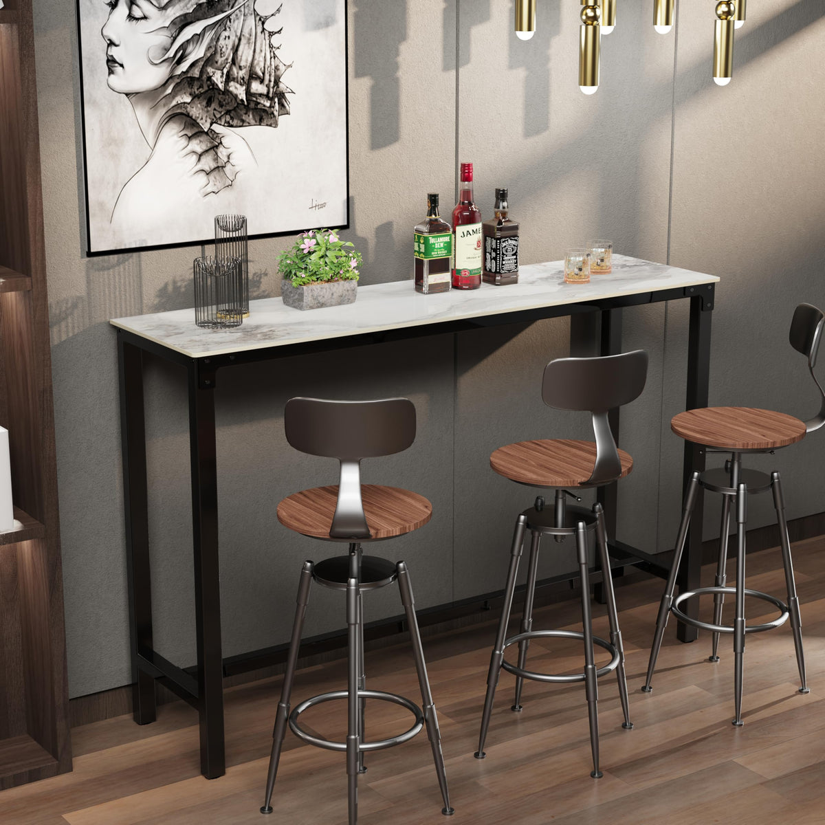 FATIVO 120cm Rectangular Bar Table Sintered Stone Marble Top, 105cm Height