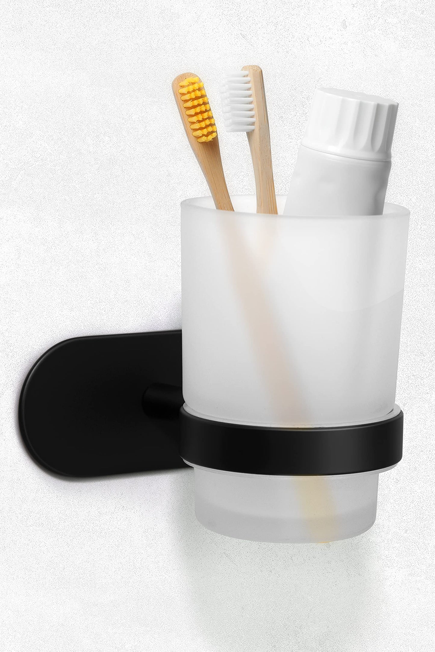 Ambrosya - Toothbrush Holder without Drilling - Bathroom Cup Glass Holder Wall Toothbrush Cup for Gluing (Stainless Steel (Black))