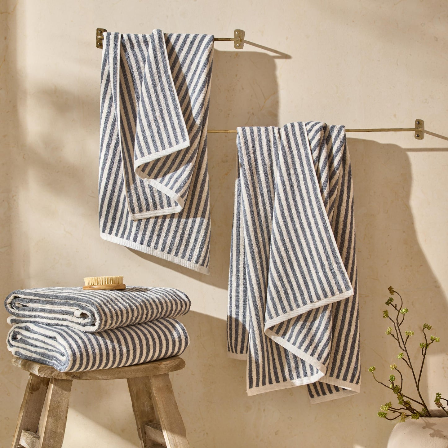 Yard Hebden Striped Cotton Terry XL Bath Sheet (Mineral Blue, 100 x 180 cm)