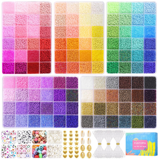 Funtopia 120 Colors 49000+ Glass Seed Beads Kit for Jewelry Making, 2mm Small Colorful with Letter Beads for DIY Art Craft for Girls Kids Adults