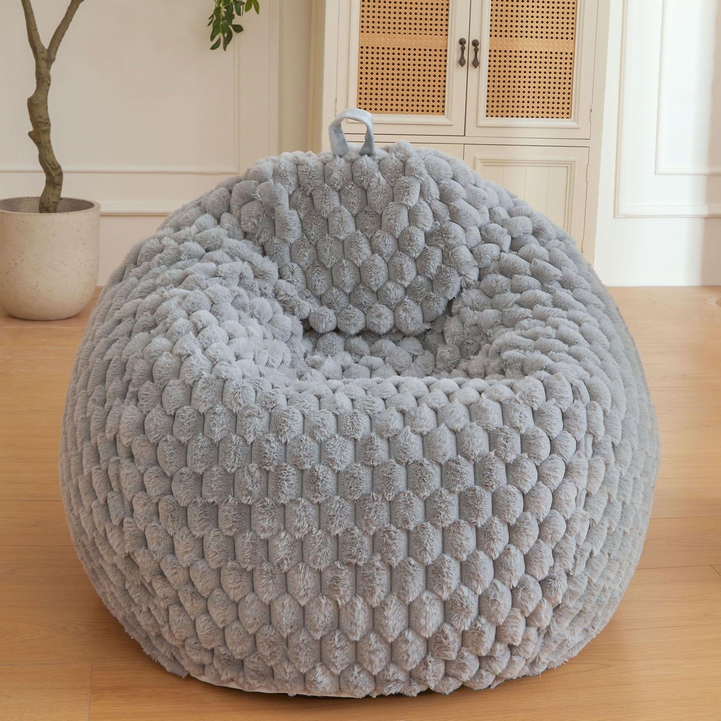 XeGe 3D Bubble Fluffy Faux Rabbit Fur Bean Bag Cover(No Filler), Light Grey