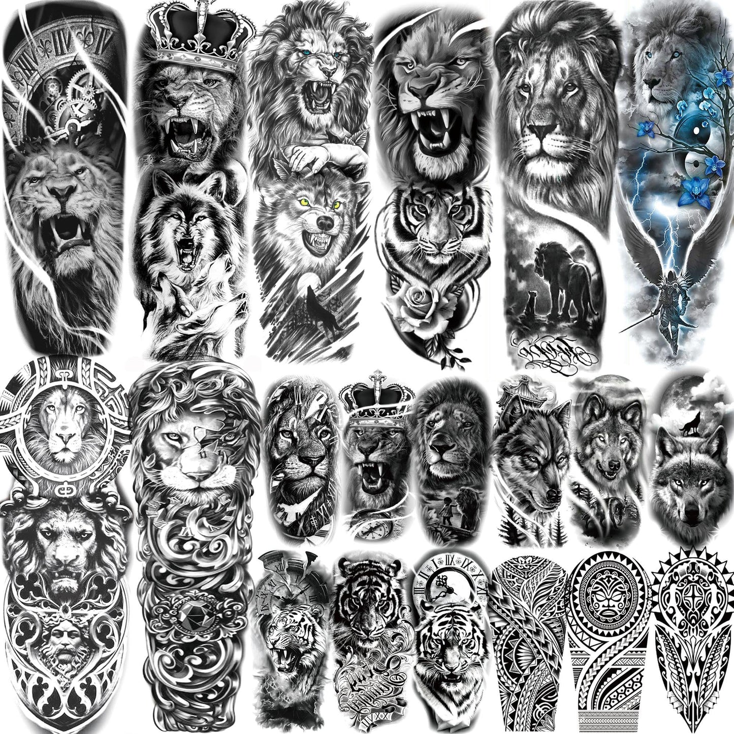 20 Sheets Lion Full Arm Temporary Tattoos For Men Adults Thigh, Wolf Tiger Warrior Maori Totem Fake Sleeve Tattoos For Women, 3D Water Transfer Temp