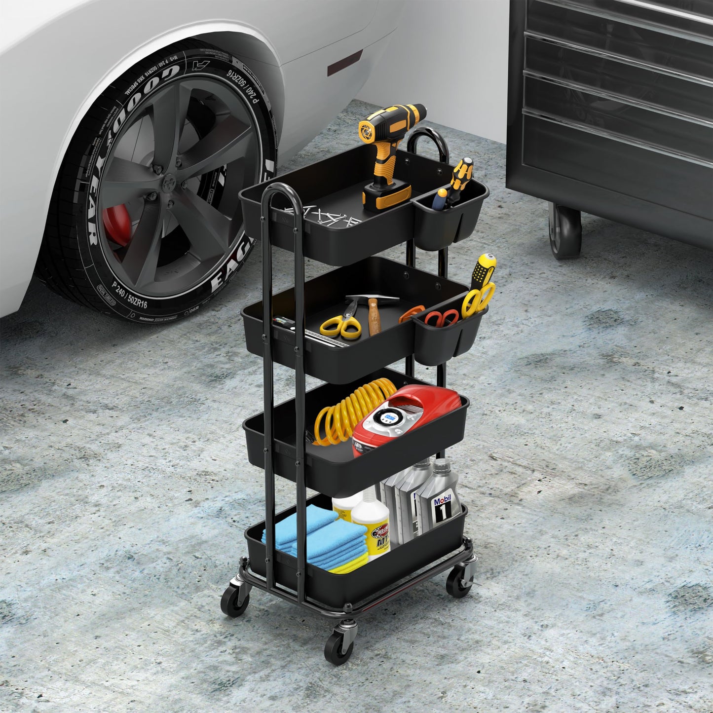 Simple Houseware 4-Tier Multifunctional Rolling Utility Cart with Basket Dividers and Hanging Buckets, Black