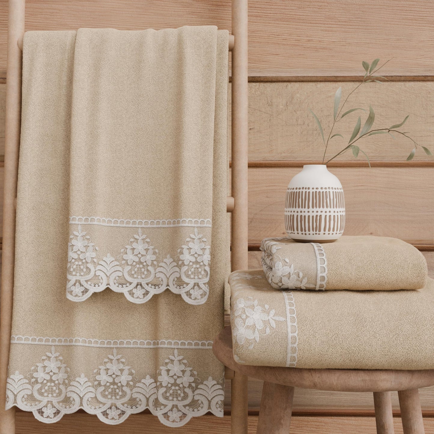 PETTI Artigiani Italiani - 100% Cotton Terry Bath Towels, 1+1 Towel Set, 2 Pieces, 1 Face Towel and 1 Hand Towel, Beige