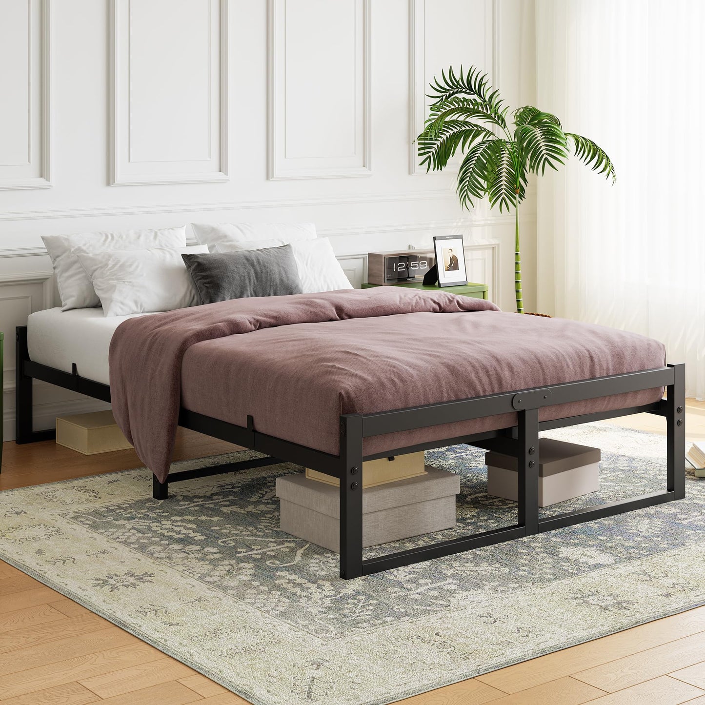 FORTUNERO Double Bed Frame, Metal Platform Bed with Underbed Storage, 27 cm Height, Steel Slats Support, No Noise, Foldable Black