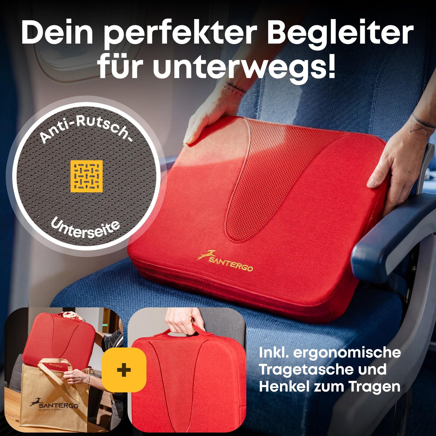 SANTERGO Ergonomic Seat Cushion Made of Moulded Foam [Patented & Dimensionally Stable] Chair Cushion Wedge Cushion Chair Office Chair Wheelchair Car