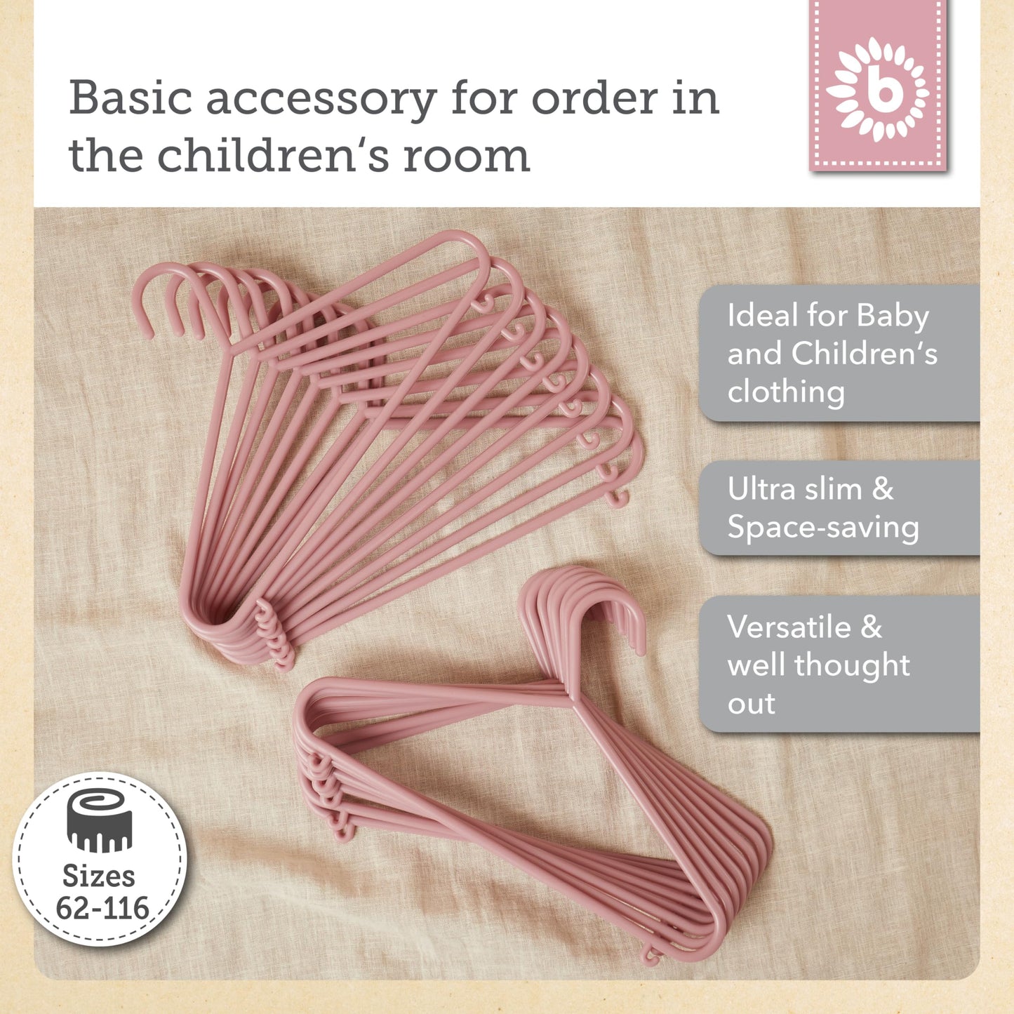 Bieco Kids Clothes Hangers 16 Pack Dusty Rose | Length approx. 30 cm | Baby Hangers | Plastic Children's | Baby Wardrobe Organiser | Clothes