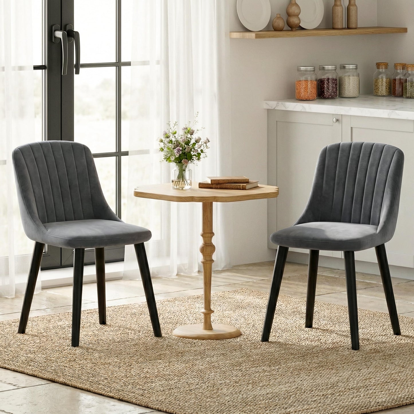 Goeurvant Dining Chairs Set of 4 Velvet Chairs for Living Room with Wood Legs Kitchen Chair Upholstered, Dark Grey with Black Leg